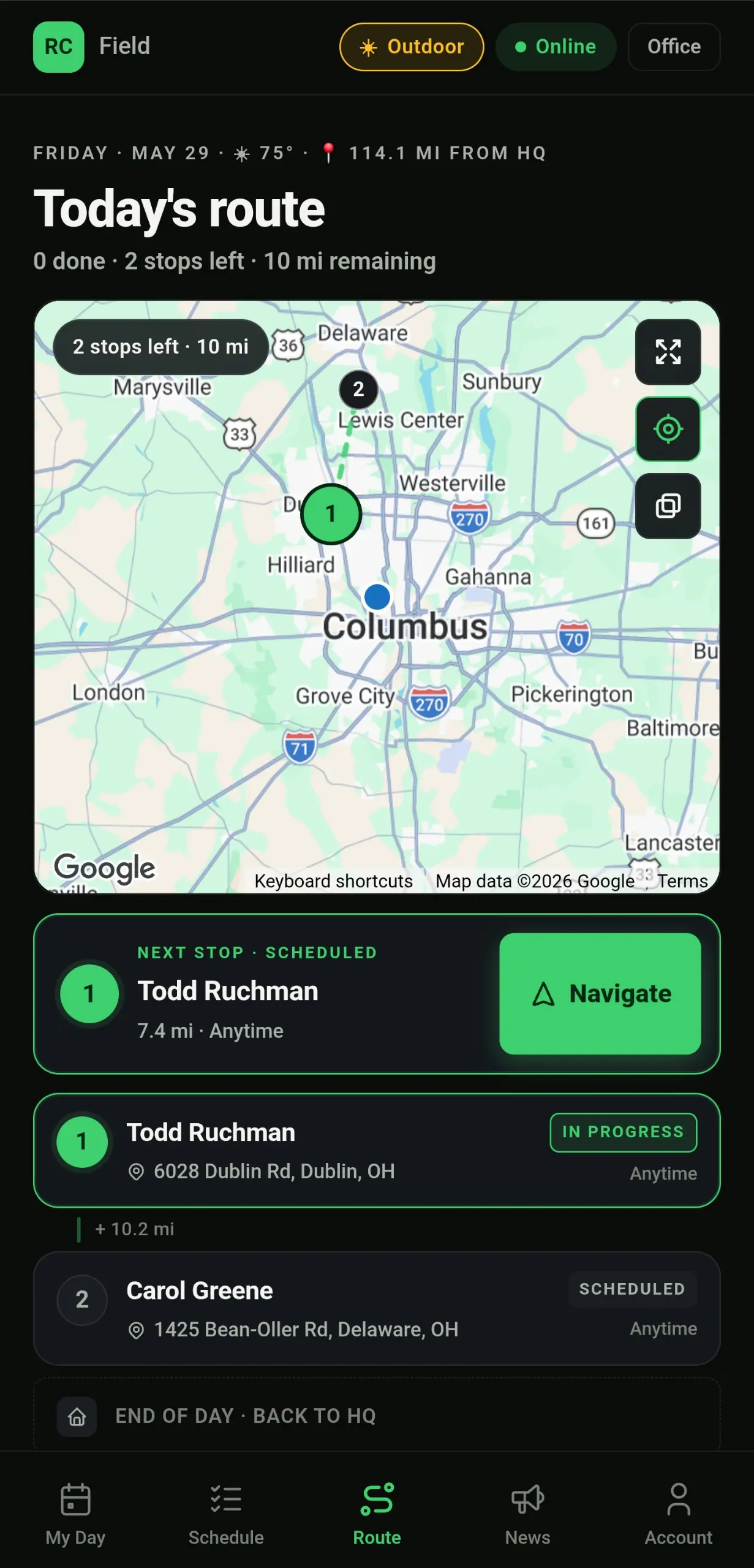 RootControl field app: today's route