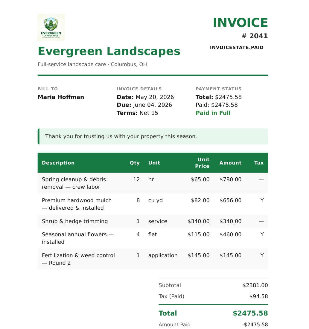 RootControl invoice PDF: itemized, marked paid.