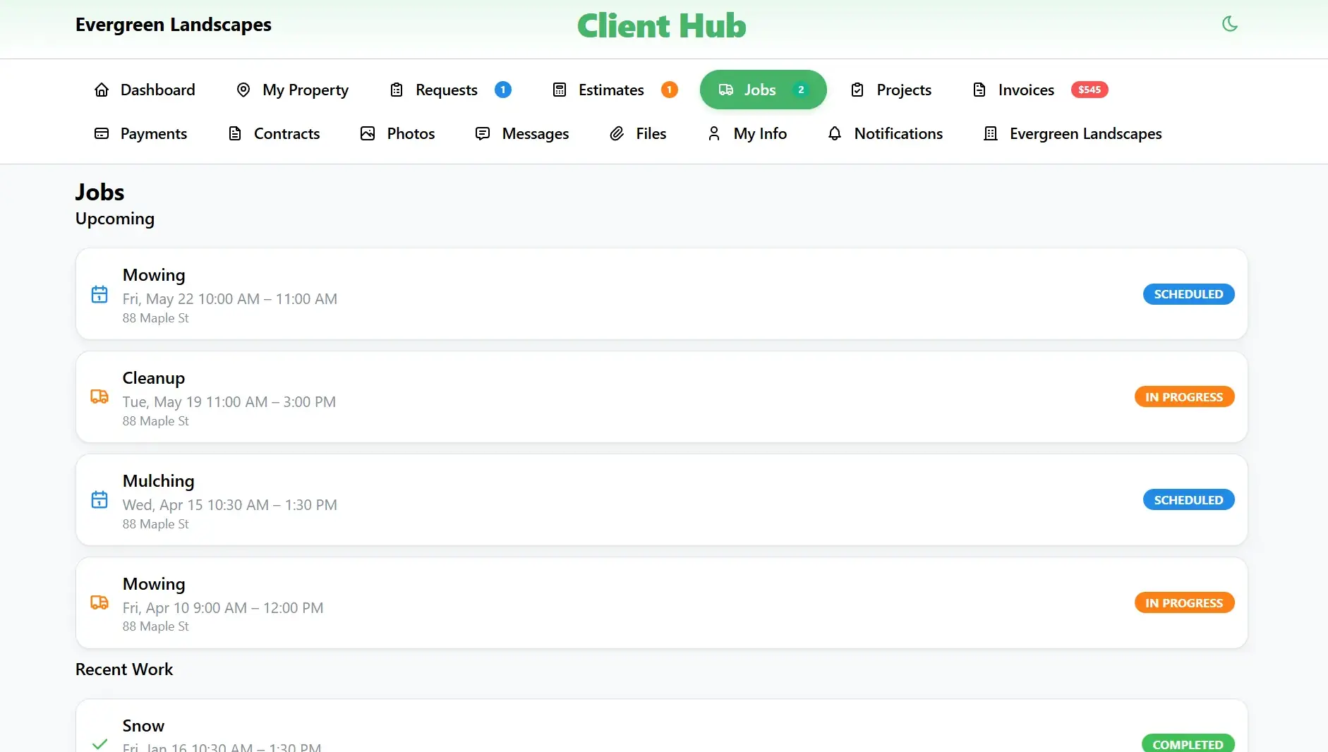Customer-facing Client Hub portal showing the Jobs tab with upcoming and recent work for their property.