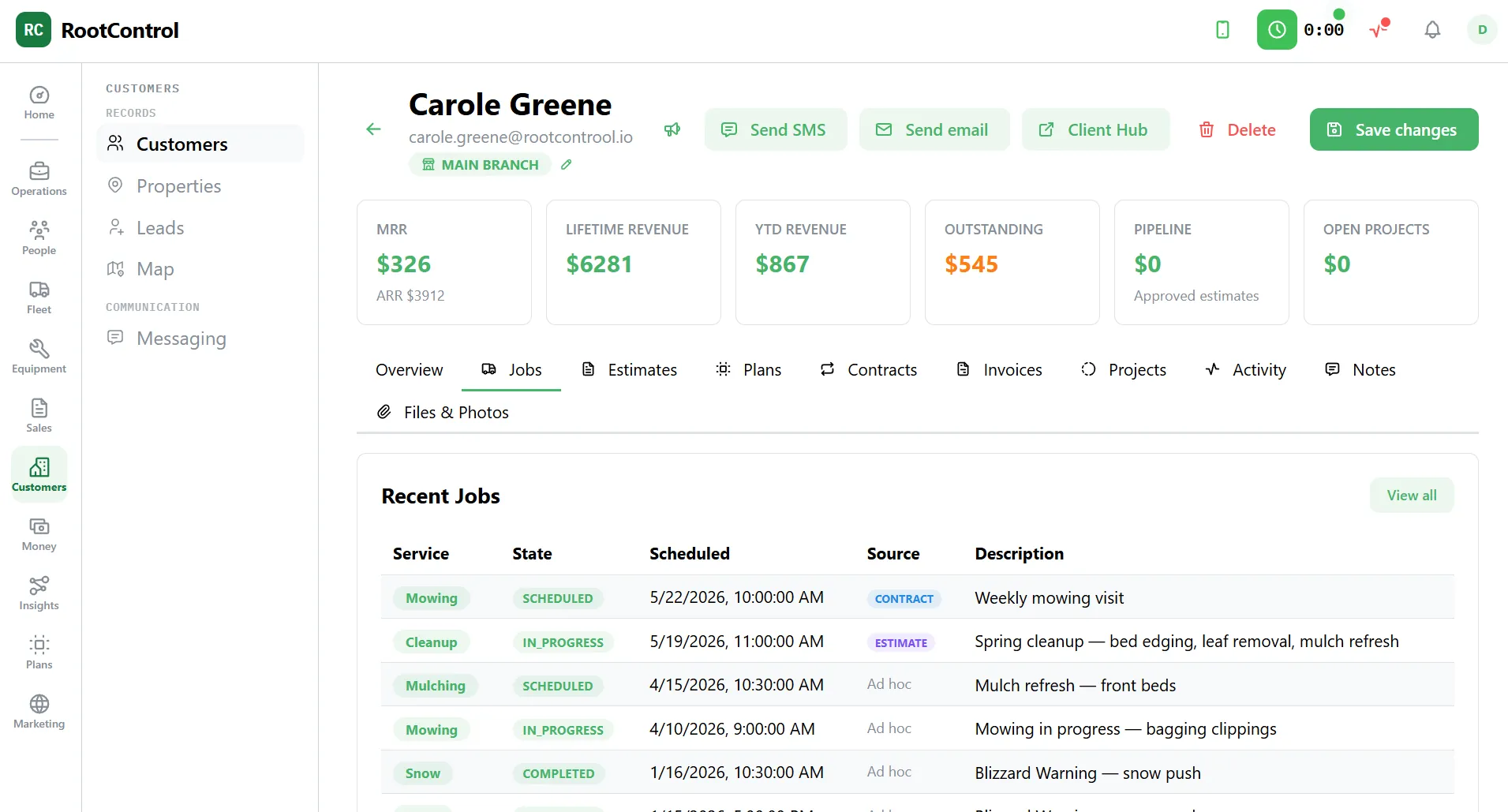 RootControl customer detail screen showing MRR, lifetime revenue, outstanding balance, and recent jobs for a single customer.